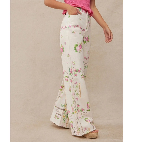 Boho Floral Print Cottage Core Straight leg Denim Jeans - Picture 3 of 5